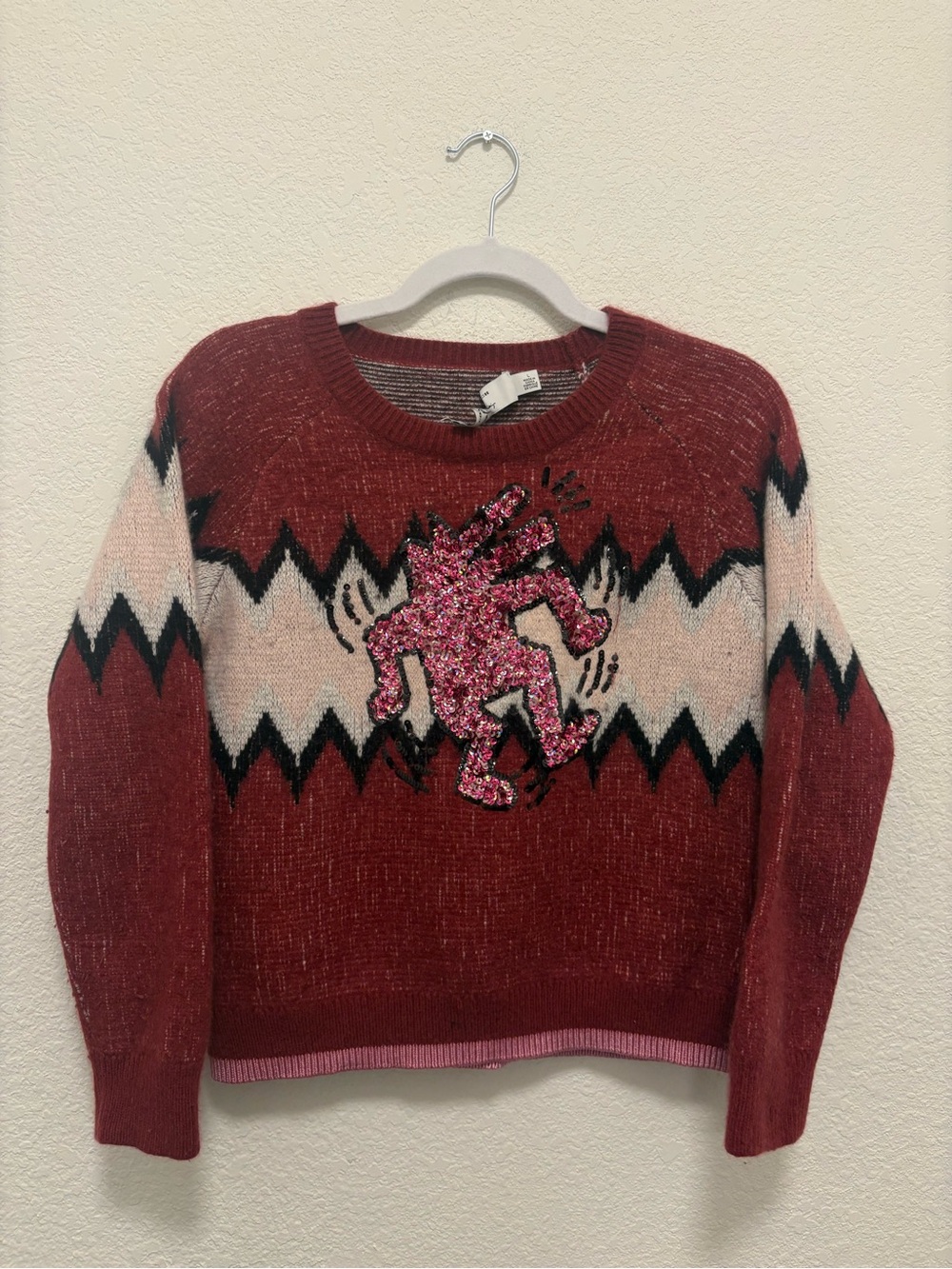 Coach Keith Haring Dancing Man Sequin Wool Cashmere Knit Crew Sweater